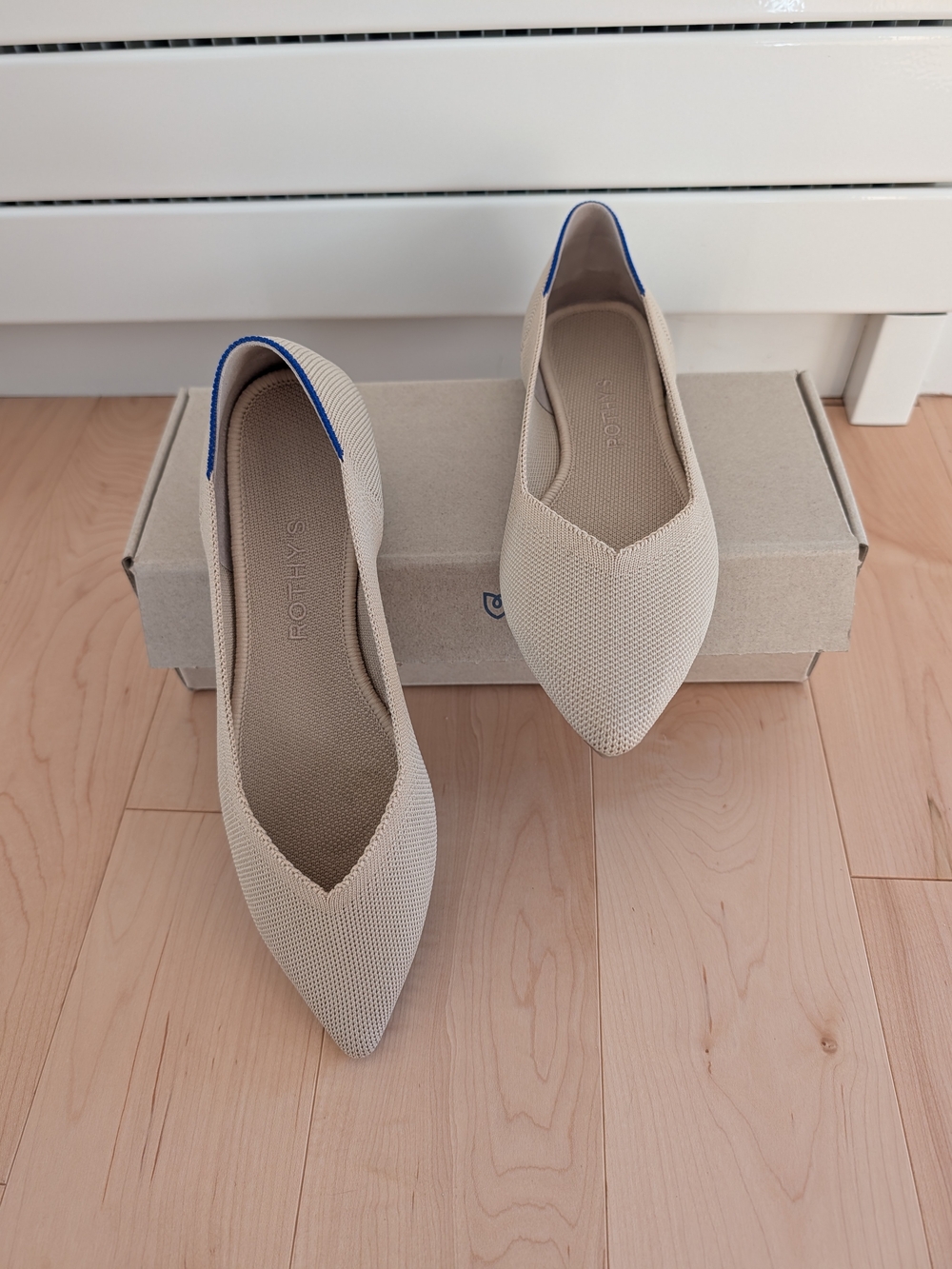 Rothy's Beige Pointed Knit Flats with Blue Trim - Women's Shoes